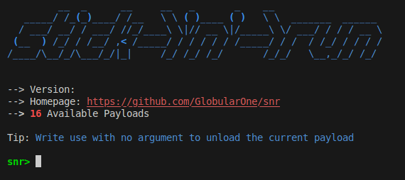 Snr's interface, which shows a banner, its version (removed in the picture), snr's homepage and total count of available payloads.